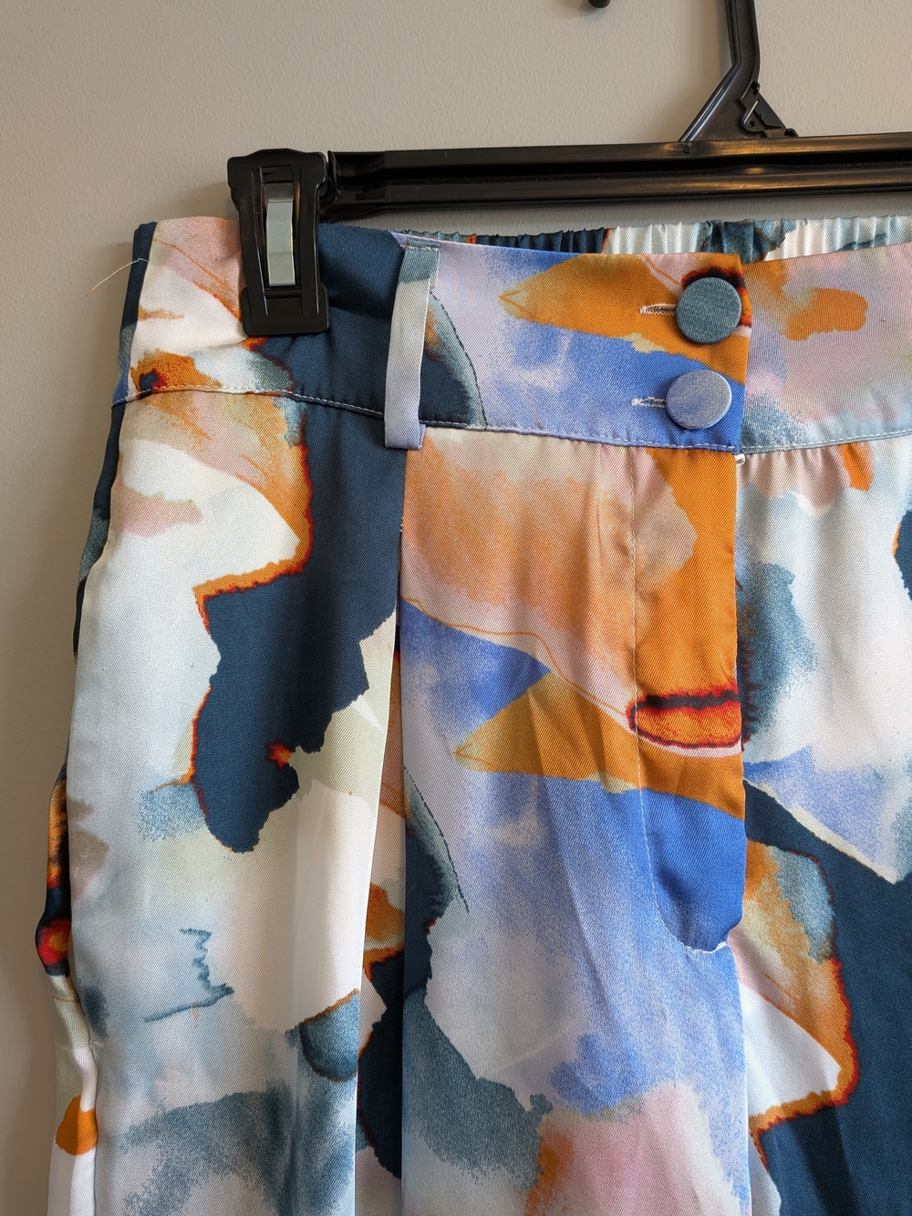 Dex - Abstract Watercolor Print Wide-Leg Pants in Blue, Orange, Cream